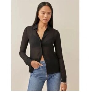 Reformation Violet Top Size L Semi Sheer Button Down Black Minimalist Viscose
